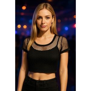 Avidlove Black Fishnet Mesh Crop Top Short Sleeve Stretchy Clubwear Size S‎ NWT